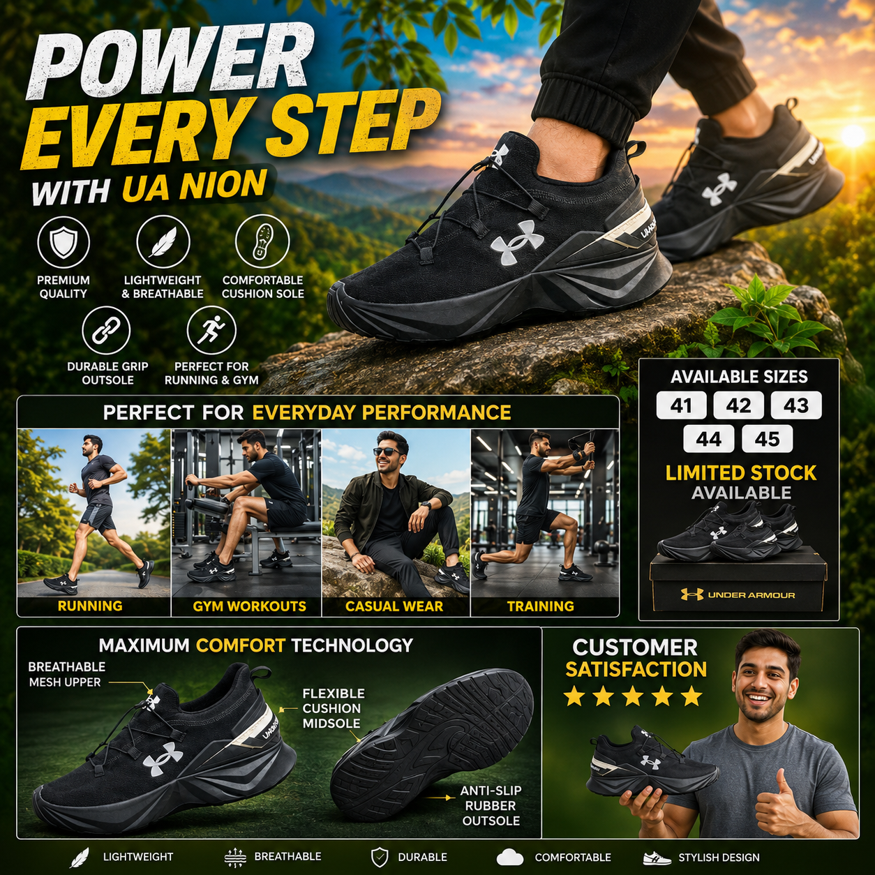 Under Armour UA Nion Black Premium Sports Shoes – Sizes 41